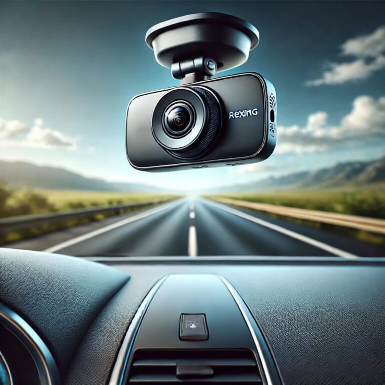 DALL·E 2024-09-28 14.33.02 - A high-quality promotional image featuring a sleek car dashboard with a mounted dash cam from Rexing. The dash cam should be small and modern, with a