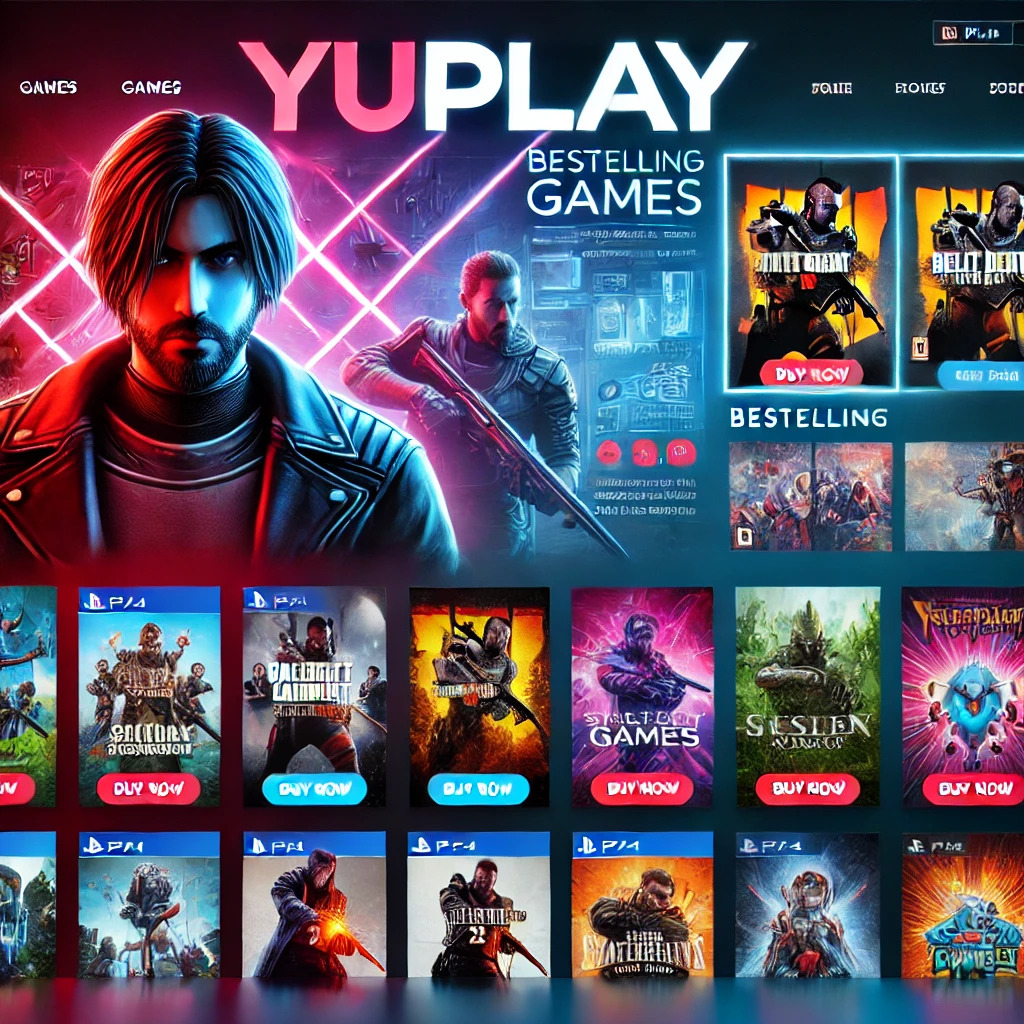 DALL·E 2024-09-30 20.49.47 - A sleek and modern digital storefront for YuPlay, featuring a vibrant display of popular PC and video games on sale. The background shows a variety of