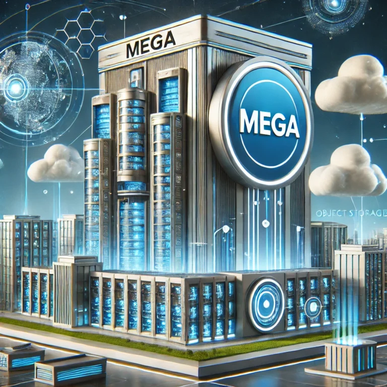 DALL·E 2024-10-03 00.30.38 - A futuristic representation of a company called 'MEGA' that specializes in cloud storage. The design should feature a modern and sleek building with t