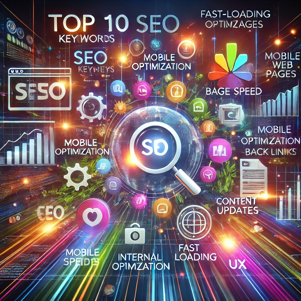 DALL·E 2024-10-04 20.46.57 - A modern website optimization concept showcasing the top 10 SEO strategies. The image includes elements like keywords, a search bar, a website with vi