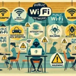 DALL·E 2024-11-01 11.54.36 - An illustration showing the risks of using public Wi-Fi networks. The image includes icons representing various security threats such as eavesdropping