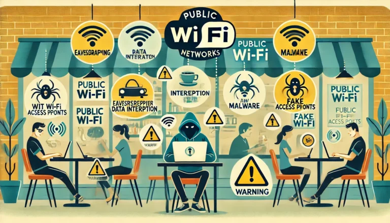 DALL·E 2024-11-01 11.54.36 - An illustration showing the risks of using public Wi-Fi networks. The image includes icons representing various security threats such as eavesdropping